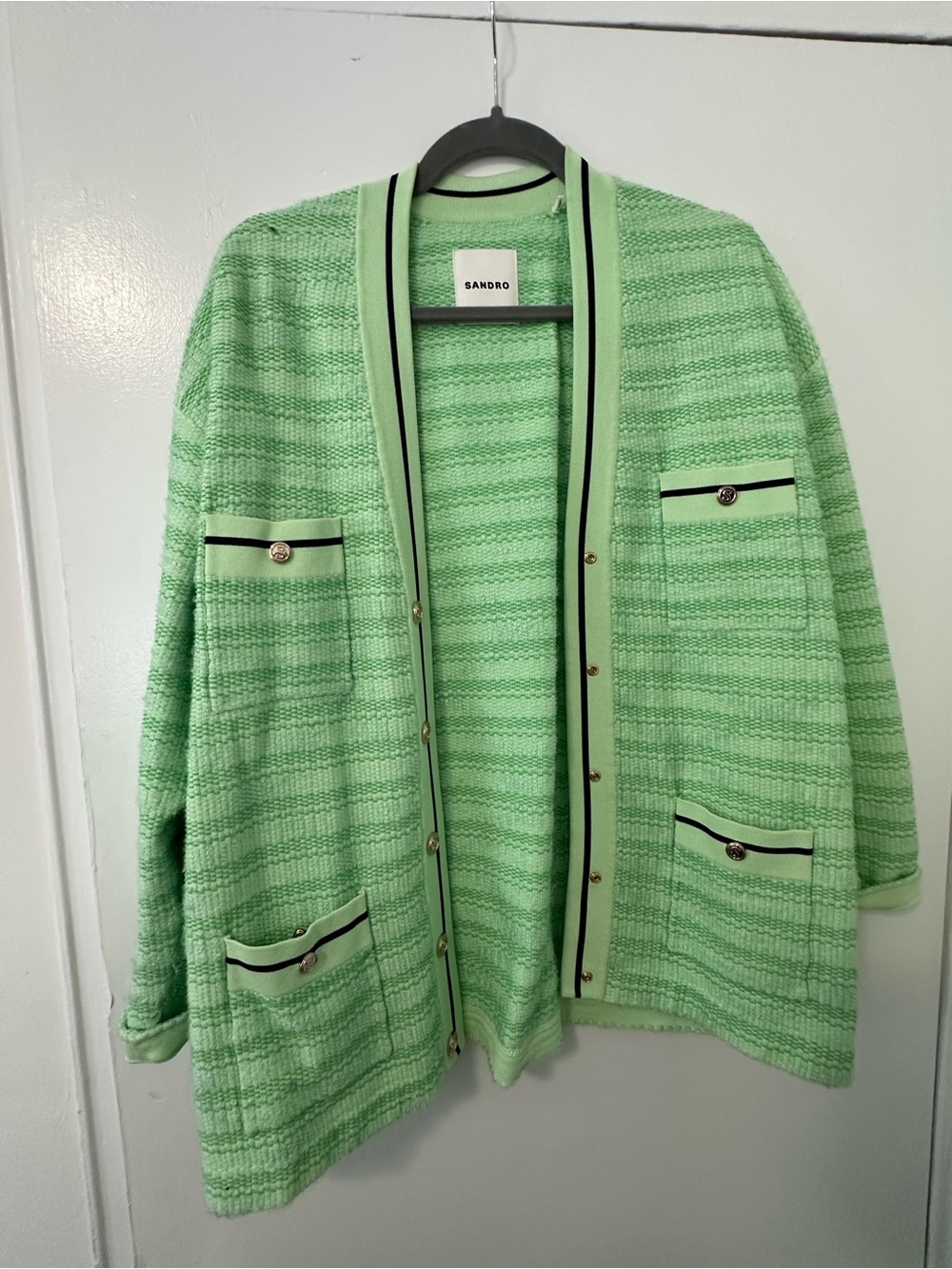 Sandro Light Green Textured Knit Cardigan Jacket with Contrast Trim